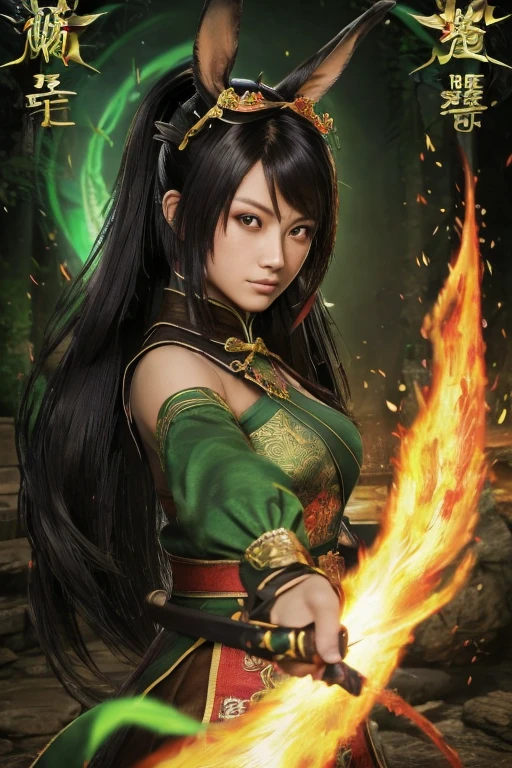 Guan Yinping, fight,Take a long sword,assassin,flame,flame,happy, black发, brown eyes, hair accessories, hair flower, Green roof, looking at the audience, forest, Half body, holding card, black, eternal, 上Half body,flaming Phenix，Rabbit next to it，green path