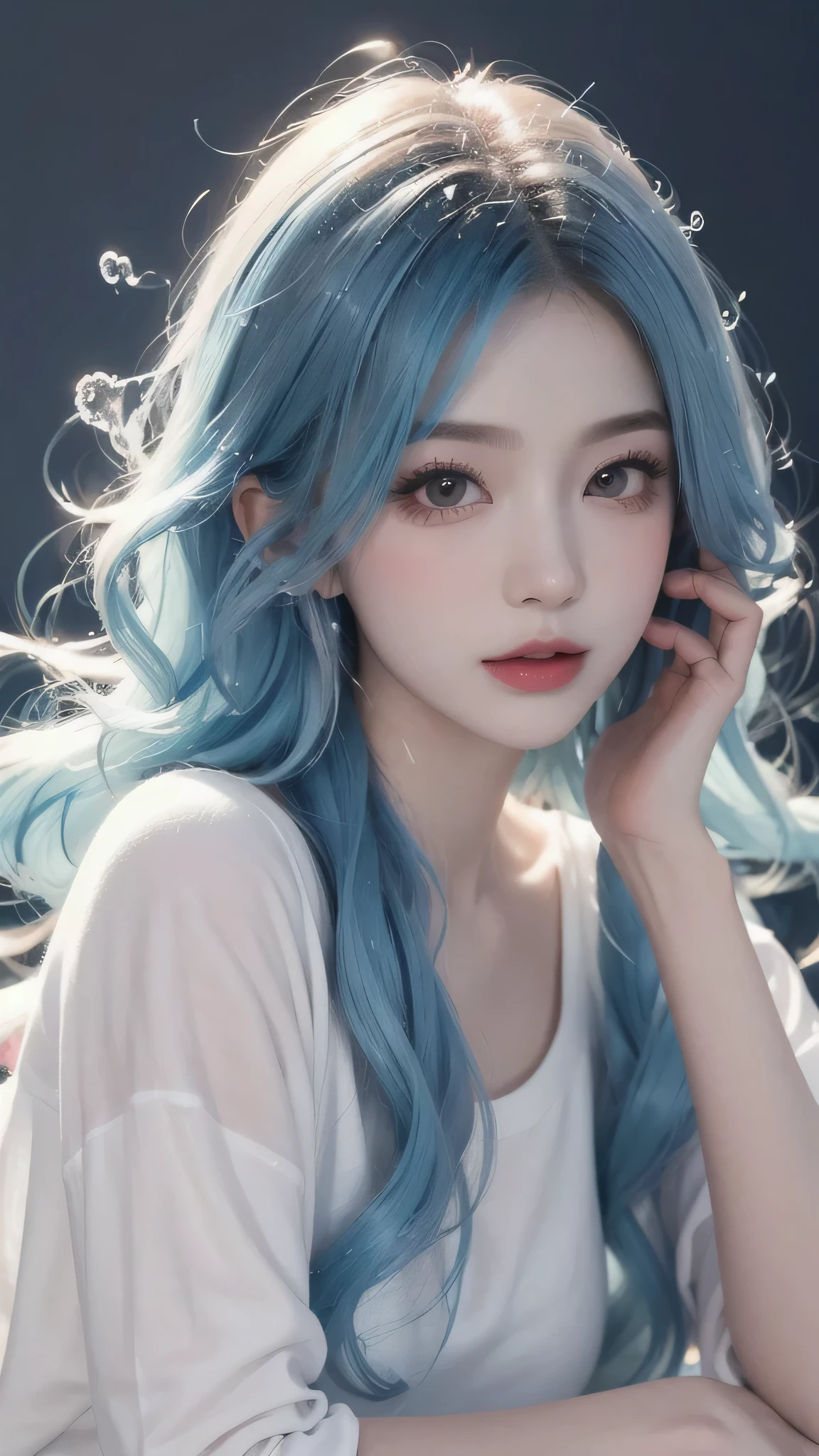 (Masterpiece, Best Quality, High Resolution), White Background, Acrylic Paint, ((Color Splash, Splash of Ink, Color Splash)), Sweet Chinese Girl, Long Light Blue Hair, [Light Blue|Pink] Hair, Curly Hair, Glitter, Peach Lips, White Shirt, Front, Upper Body