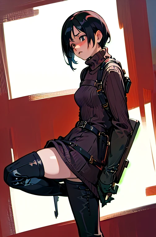 masterpiece, young, best quality, in zombie home, ((worried ..expression)) ,1girl, RE4, sweater dress, turtleneck, ribbed sweater, thigh high boots, harness, best quality, masterpiece, highres gorgeous design, best quality