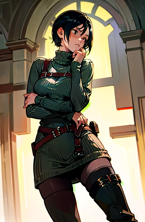 masterpiece, young, best quality, in zombie home, ((worried ..expression)) ,1girl, RE4, sweater dress, turtleneck, ribbed sweater, thigh high boots, harness, best quality, masterpiece, highres gorgeous design, best quality