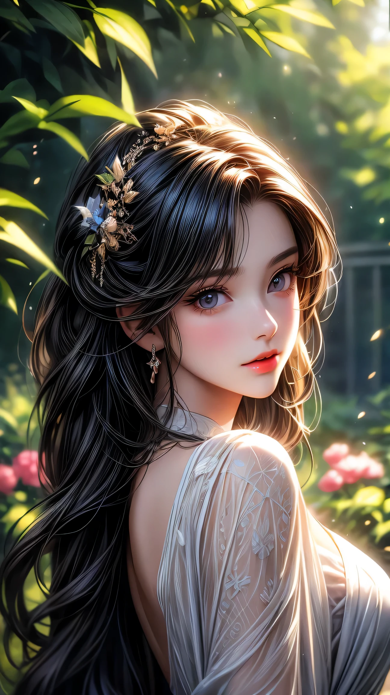 garden girl,fine and beautiful eyes,fine eyes､beautiful detailed lips,非常にfine eyesと顔,black eye､long eyelashes,shape,Super detailed,最high quality,4k,8K,High resolution,masterpiece:1.2,Ultra-fine painting,sharp focus,Professional,bright colors､sexy､masterpiece, 最high quality, high quality, High resolution､cinematic lighting､