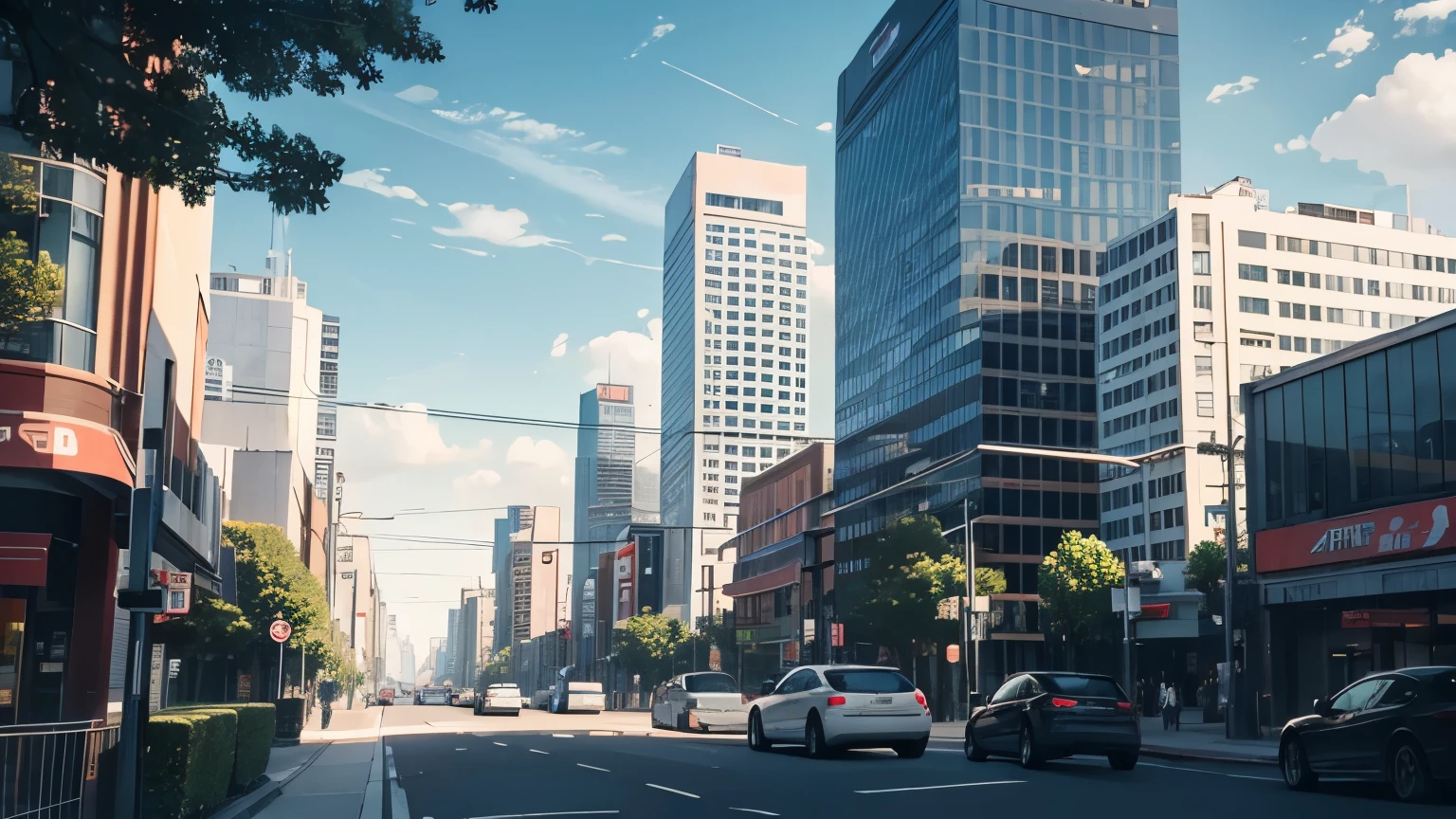 View of modern city, cloudly sky, car, street view, tree