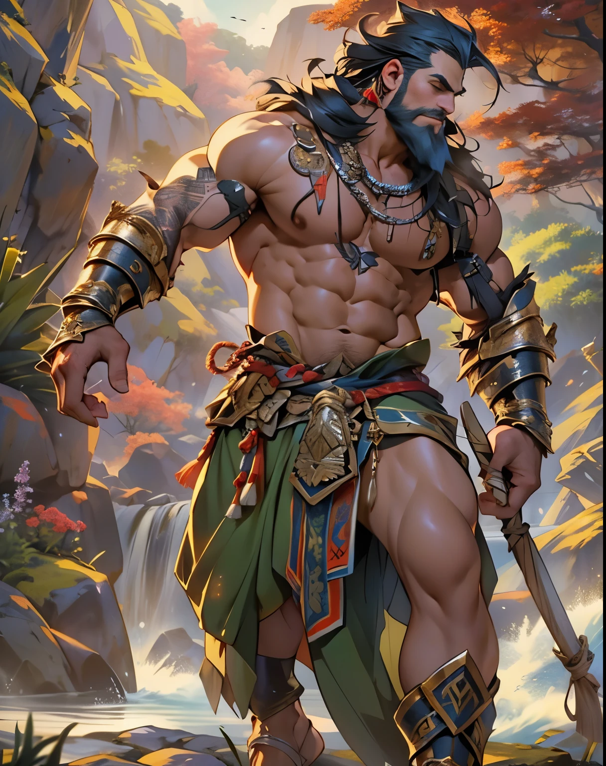 Powerful old warrior, upper torso unveiled, lower body uncovered from thighs to feet, decorated with a beaded beard, wearing a thong, big bulging crotch, revealing armor, oiled up muscles, cascading long curls, meticulous muscle definition, lifelike depiction, 4K resolution. Background: Mythical fantasy landscape,32k uhd, best quality, masterpiece, super detail, high details