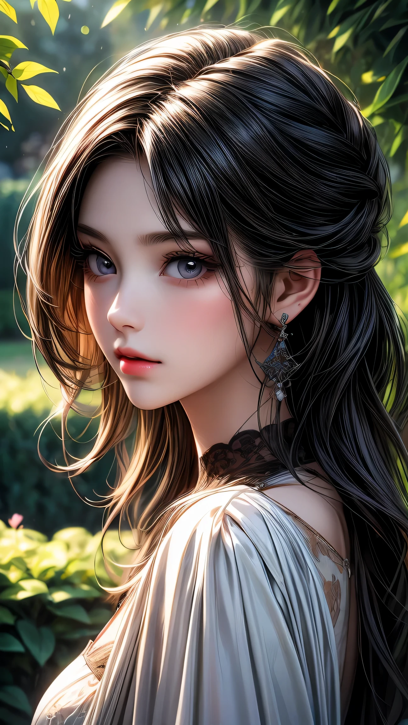 garden girl,fine and beautiful eyes,fine eyes、beautiful detailed lips,非常にfine eyesと顔,black eye、long eyelashes,shape,Super detailed,最high quality,4k,8K,High resolution,masterpiece:1.2,Ultra-fine painting,sharp focus,Professional,bright colors、sexy、masterpiece, 最high quality, high quality, High resolution、cinematic lighting、