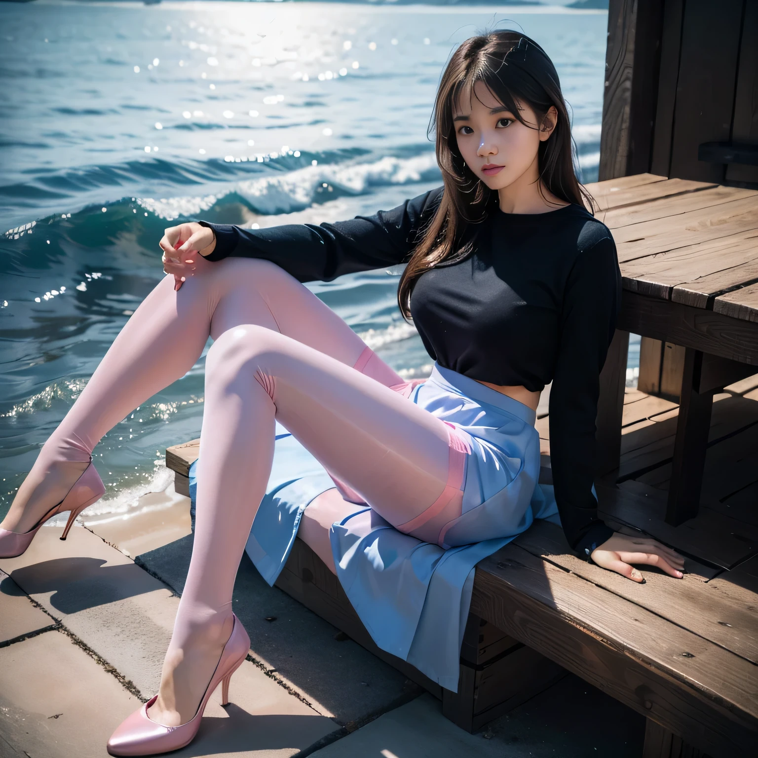 (full body:1.5),(1 girl:1.3),(show viewer:1.4),(correct anatomy:1.3),(Sitting in the sea:1.2),(pink and blue elastic skirt :1.2),((pantyhose):1.3),( The girl pointed out the thick heels :1.1),(accurate and perfect face:1.3),hyper hd, ray tracing, reflected light, structurally correct, award-winning, high detail, Brighten the contrast of shadows, face lighting ,cinematic lighting, table top, Super detailed, high quality, high detail, 最high quality, 16k,high contrast,