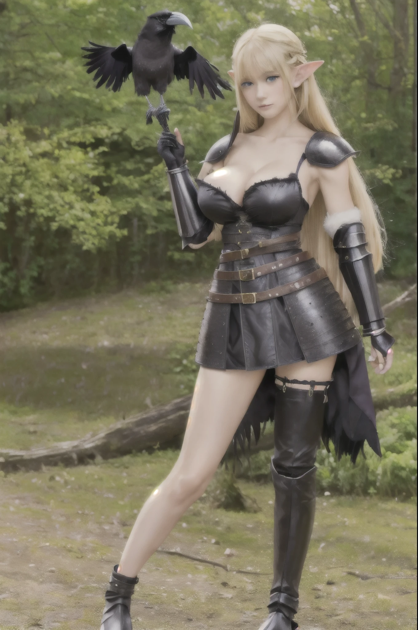 (8k photograph), best quality, (((masterpiece))), ultra high res, 1girl, (17years old), ((beautiful anime eyes with fine detail)), offshoulder, elf ears, very long blond hair, bangs, leather fantasy clothes, elf girl, (big breast:1.5), (((full body))), silver details, medieval clothes, detailed face, bootagic staff, beltt, bracelets, (((shoulder armor))), elegant, (((furr))), dress, (((crow in her shoulder)))