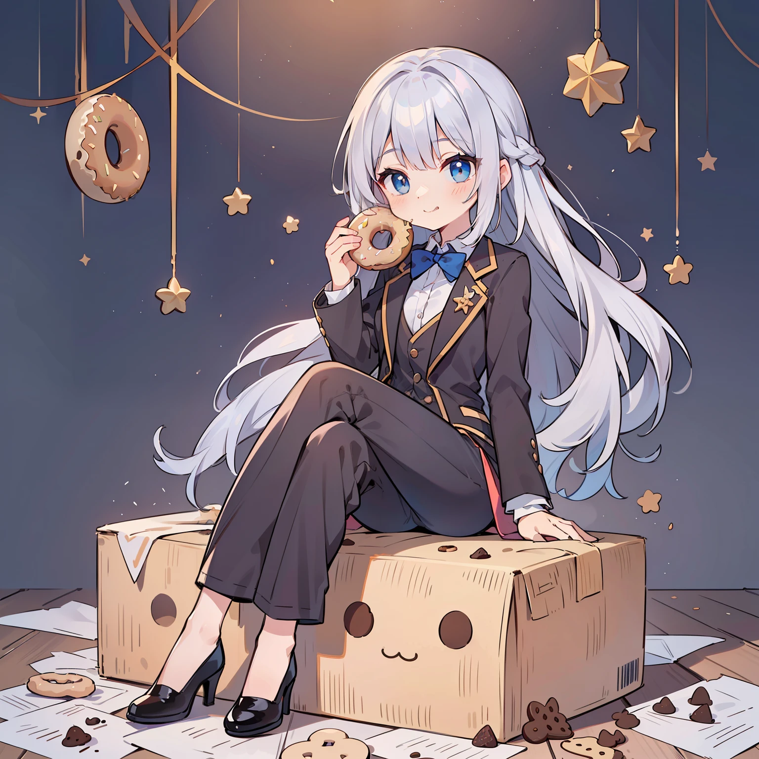 (long silver hair girl),((Eating donuts)),(Pants style with tuxedo),blue eyes,open your mouth, dull smile, Full body Esbian,(((a bit))),(alone),(best image quality, In 8K, masterpiece, Super detailed),(((There are many cookies in the background)))