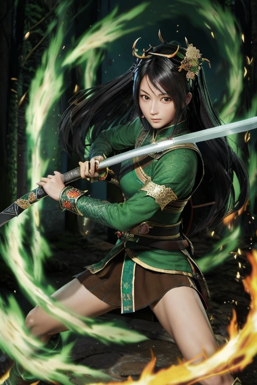 Guan Yinping, fight,Take a long sword,swordsman,flame,blue flame,happy, black发, brown eyes, hair accessories, hair flower, Green roof, looking at the audience, forest, holding card, black, eternal, whole body,Dragon，green path