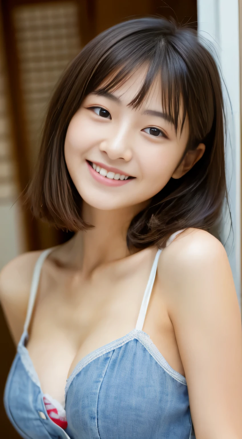 masterpiece,best quality,(Japanese ),((Beautiful girl)),cleavage,indoor,(perfect body beauty:1.2),(shy smile),beautiful teeth,