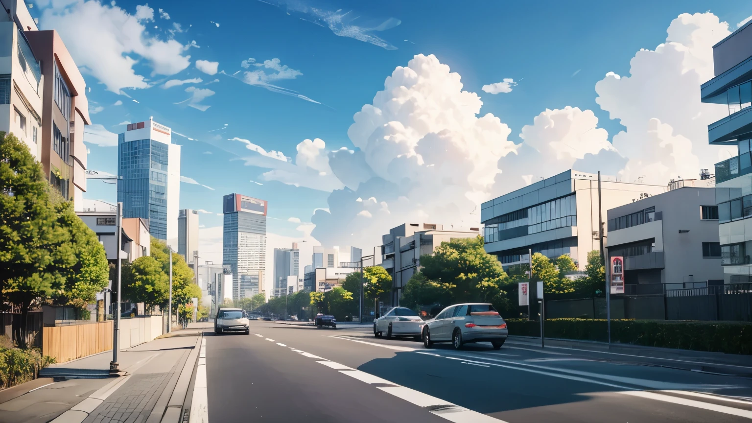 View of modern city, cloudly sky, car, street view, tree , happy tone, tokyo