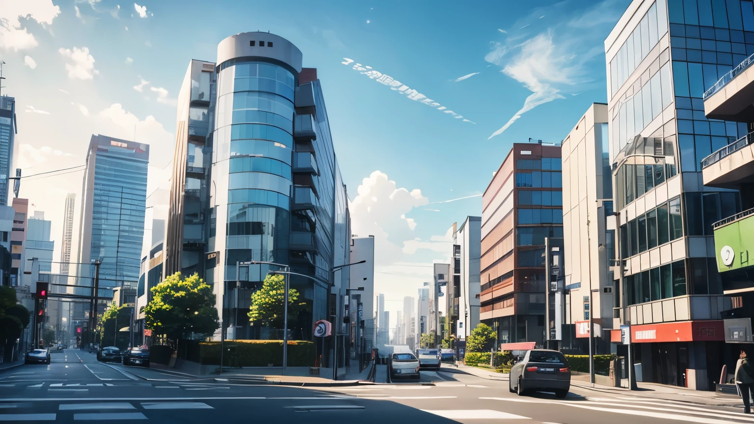 View of modern city, cloudly sky, car, street view, tree , happy tone, tokyo