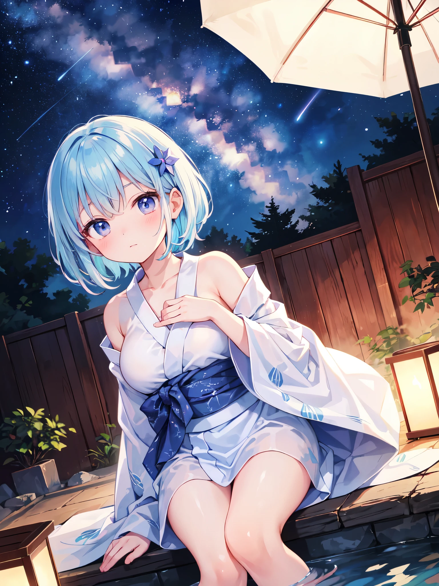 (masterpiece)、(highest quality)、((Super detailed))、(super delicate)、pastel colored hair、Beautiful side breasts、beautiful back、Beautiful butt、yukata、Hot spring at night、fantastic starry sky