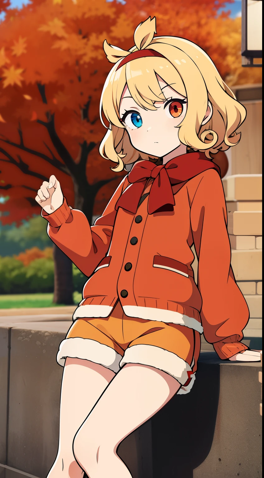 (high-quality, breathtaking),(expressive eyes, perfect face) 1girl, female, solo, teenager, light blonde hair, Heterochromia left red and right brown eye color, short hair length, curly wavy hair, red headband, red ribbon in hair, fluffy cardigan, orange shirt, cute shorts, long socks, small ankle boots, half body shot, zoomed out, autumn theme, autumn background, red trees in background
