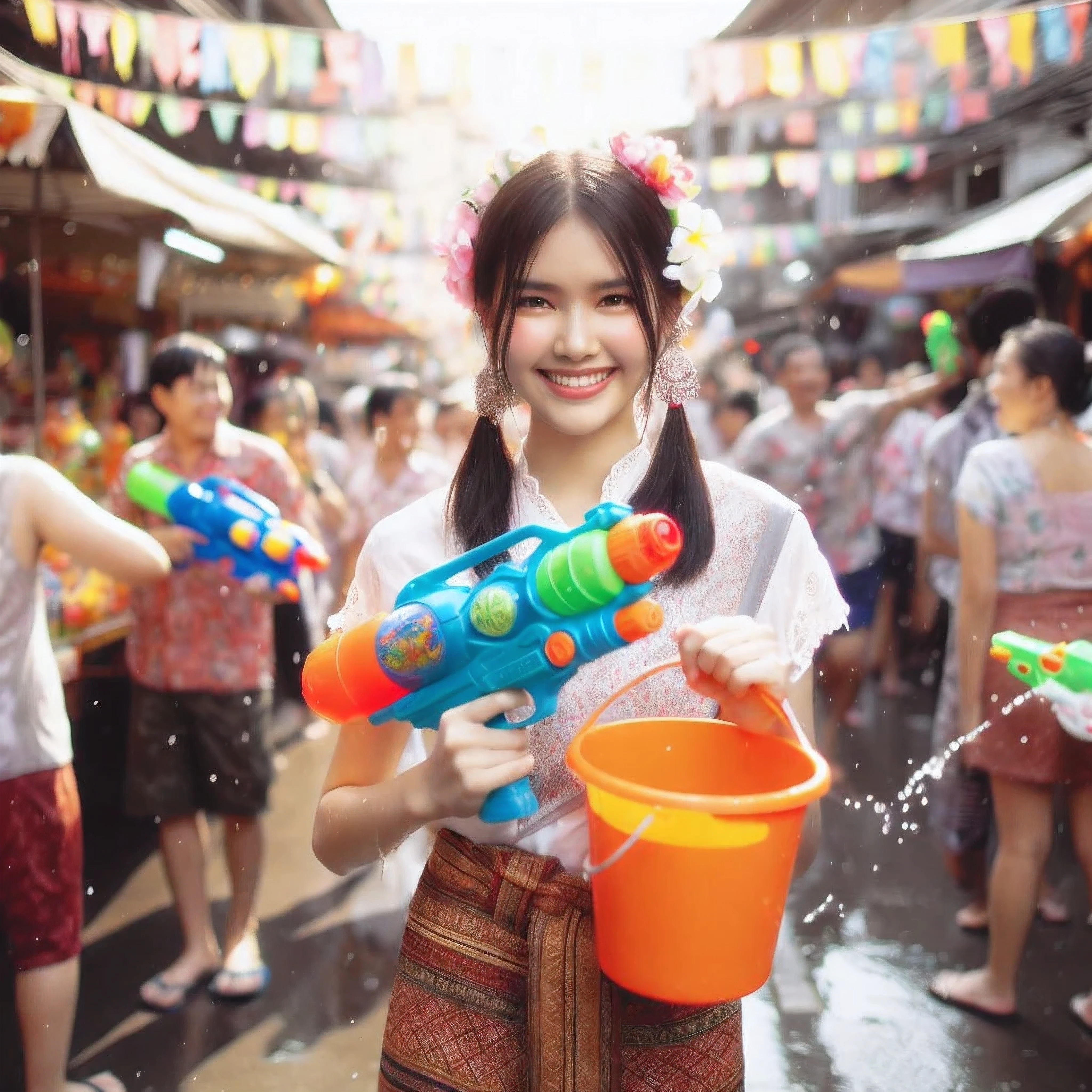 araffe girl holding a water gun and a bucket of water, Shutter stock, miraculous, cute woman, cool marketing photo, anime thai girl, Thiti Luatthong, advertising picturesของเล่น, Real shot, By Bernardino Mae, Shot with a premium DSLR camera.., By John La Gatta, girl, marketing photo, advertising pictures, Thailand, market, Portrait, happiness