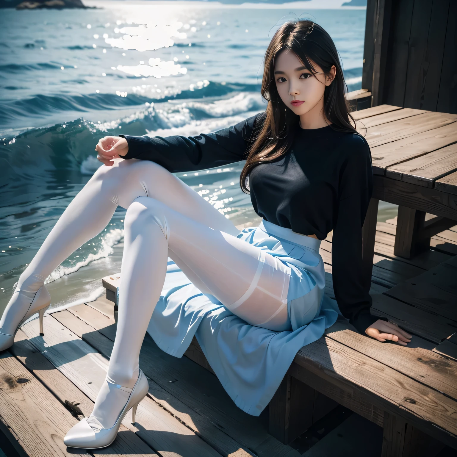 (full body:1.5)，(1 girl:1.3),(show viewer:1.4)，(correct anatomy:1.3),(Sitting in the sea:1.2),(blue elastic skirt :1.2),{{white camisole}},((pantyhose):1.3),( The girl pointed out the thick heels :1.1)，(accurate and perfect face:1.3),hyper hd, ray tracing, reflected light， structurally correct, award-winning, high detail, Brighten the contrast of shadows, face lighting ，cinematic lighting, table top, Super detailed, high quality, high detail, 最high quality, 16k，high contrast,