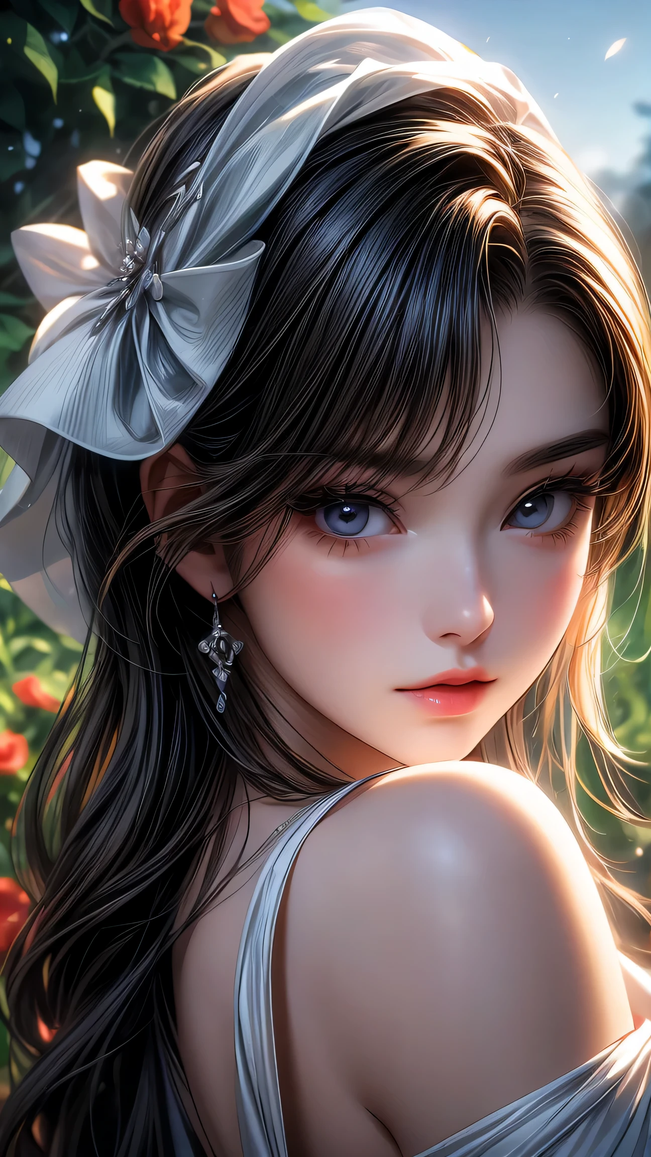 garden girl,fine and beautiful eyes,fine eyes、beautiful detailed lips,非常にfine eyesと顔,black eye、long eyelashes,shape,Super detailed,最high quality,4k,8K,High resolution,masterpiece:1.2,Ultra-fine painting,sharp focus,Professional,bright colors、sexy、masterpiece, 最high quality, high quality, High resolution、cinematic lighting、