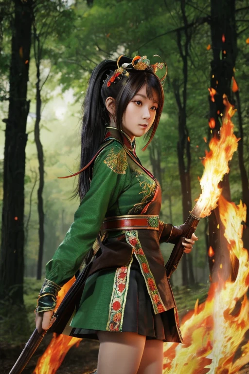 Guan Yinping, fight,Get a long rifle,flame,red flame,happy, black发, brown eyes, hair accessories, hair flower, Green roof, looking at the audience, forest, holding card, black, eternal, whole body,Qinglong，green path,pretty face