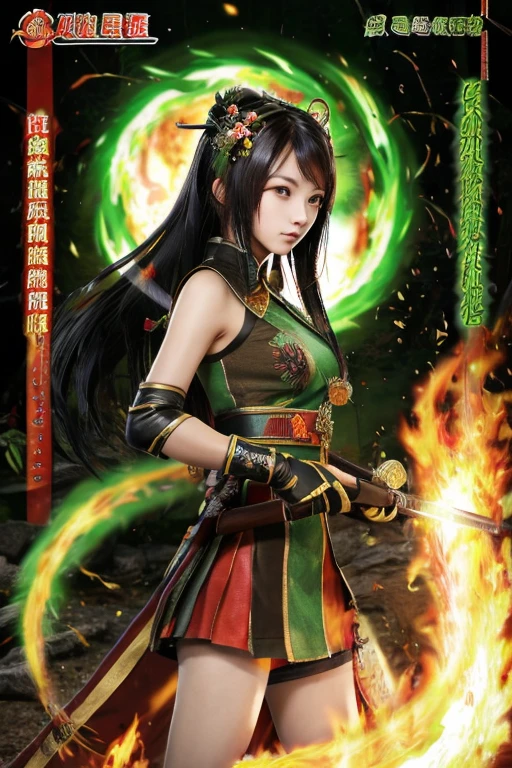 Guan Yinping, fight,Get a long rifle,flame,red flame,happy, black发, brown eyes, hair accessories, hair flower, Green roof, looking at the audience, forest, holding card, black, eternal, whole body,Qinglong，green path,pretty face