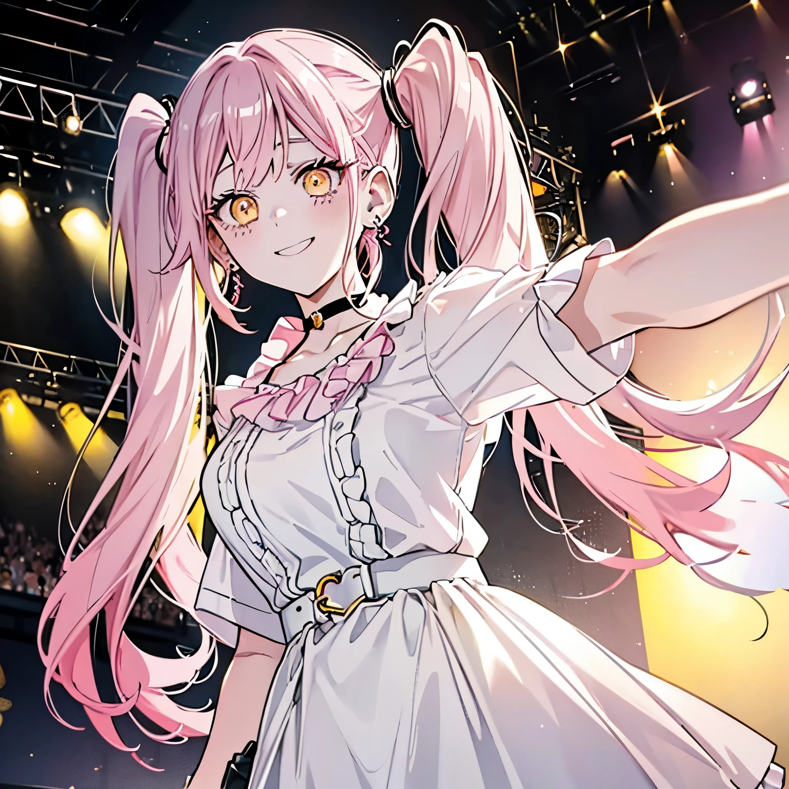 1 girl twintails hair, long hair, pink hair, yellow eyes anime, medium breasts, medium ass, Hairpins, Choker, big smile, happy face, Standin, Detailed white shirt, silver skirt, long heart-shaped earrings, ultra detailed, 8K wallpaper, realistic, taking a selfie,  On a stage, show lights, audience, full of people)