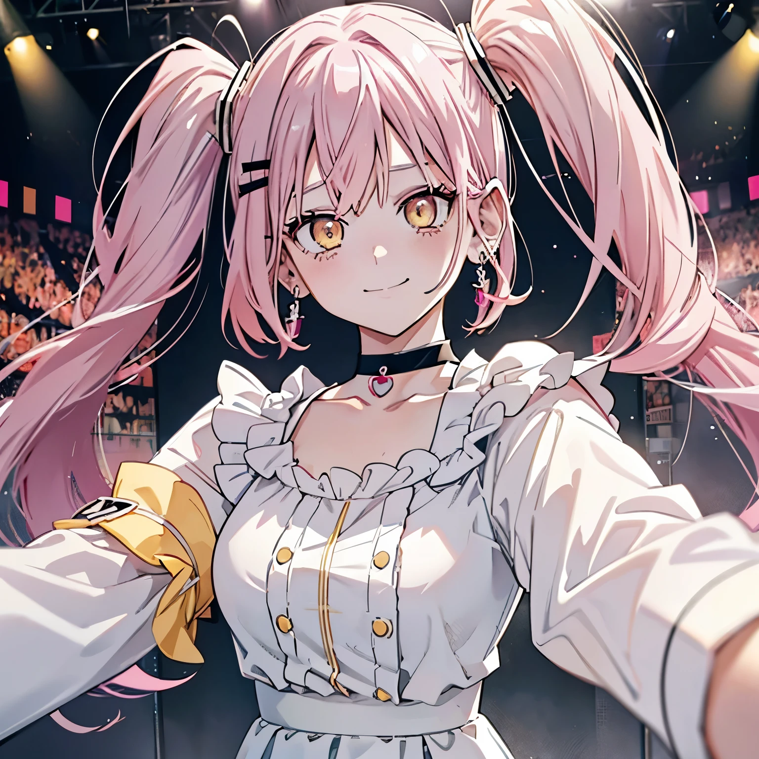 1 girl twintails hair, long hair, pink hair, yellow eyes anime, medium breasts, medium ass, Hairpins, Choker, big smile, happy face, Standin, Detailed white shirt, silver skirt, long heart-shaped earrings, ultra detailed, 8K wallpaper, realistic, taking a selfie,  On a stage, show lights, audience, full of people)