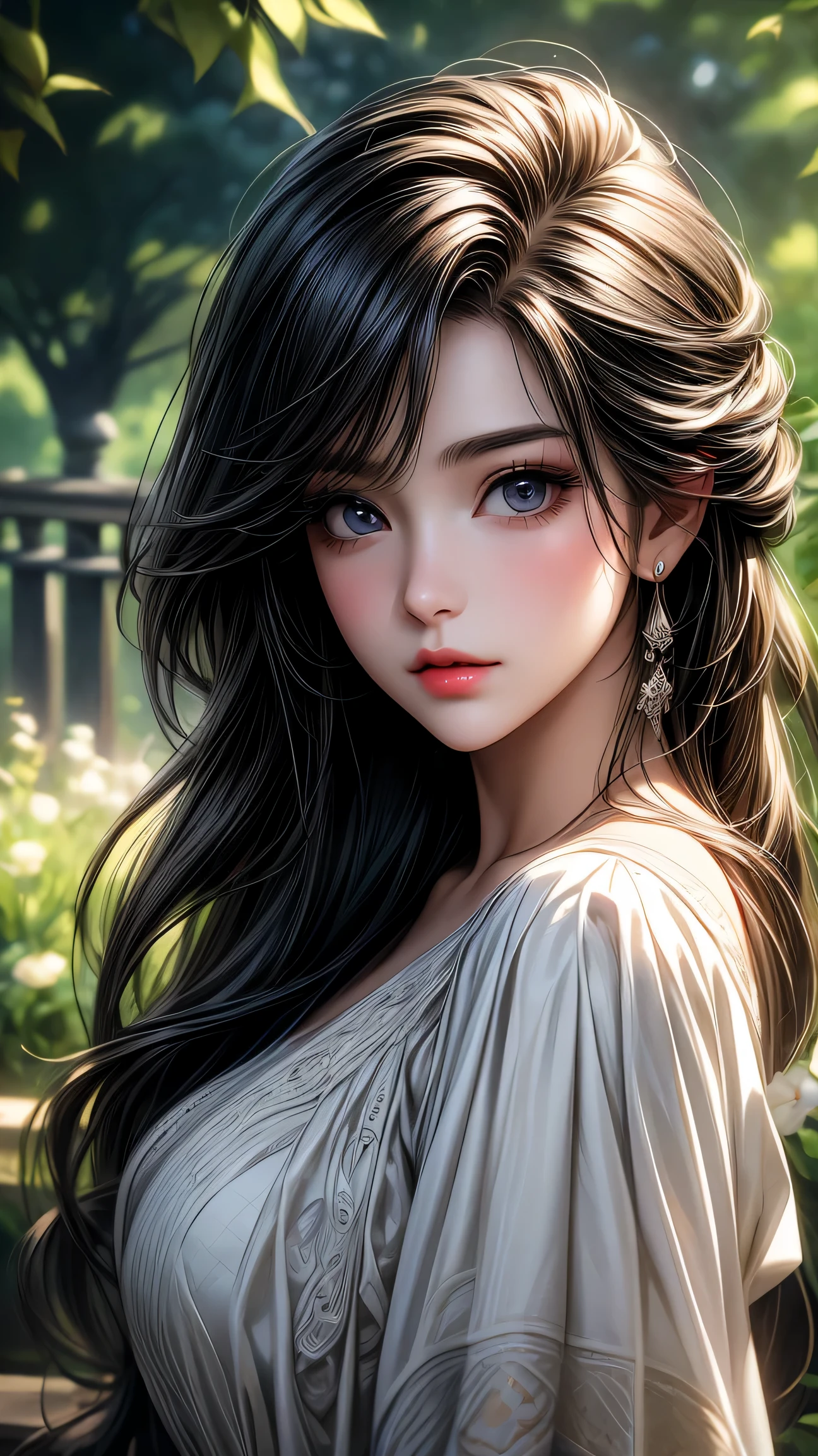 garden girl,fine and beautiful eyes,fine eyes、beautiful detailed lips,非常にfine eyesと顔,black eye、long eyelashes,shape,Super detailed,最high quality,4k,8K,High resolution,masterpiece:1.2,Ultra-fine painting,sharp focus,Professional,bright colors、sexy、masterpiece, 最high quality, high quality, High resolution、cinematic lighting、