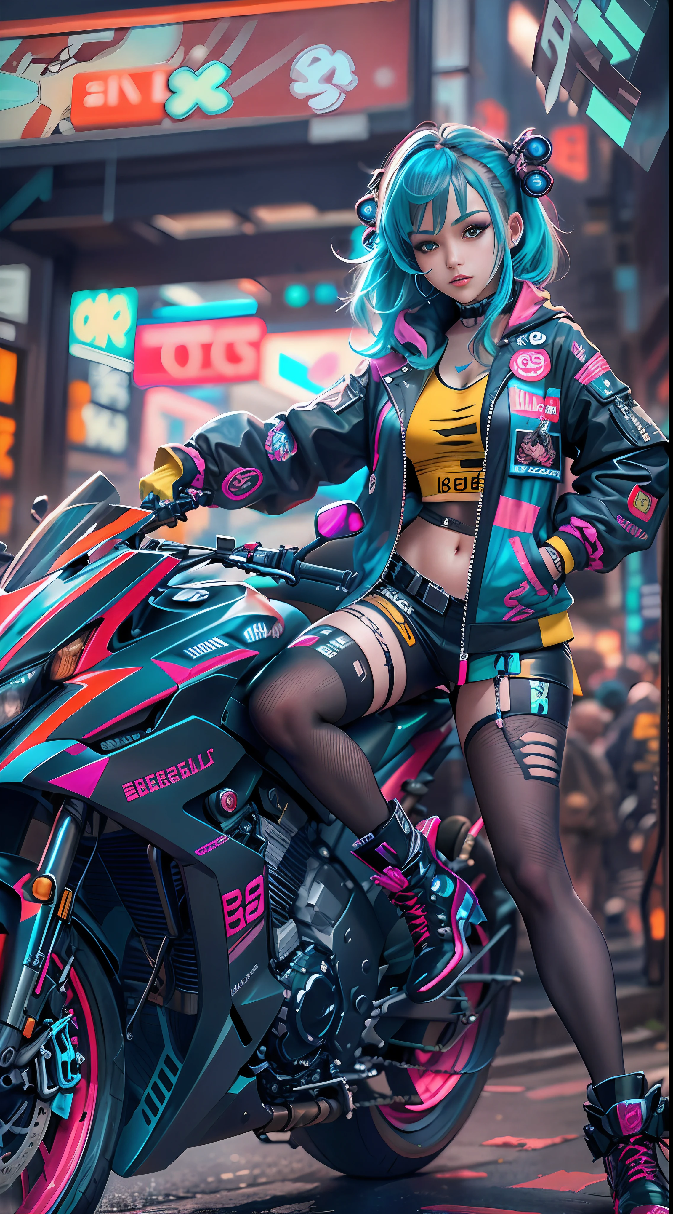 Masterpiece, Best quality, 1 Cyberpunk Girl, Full body shot, Stand in front of the motorcycle, view the viewer, Confident cyberpunk girl with funky expression, Popular costumes in Harajuku style, Bold colors and patterns, Eye-catching accessories, Trendy and innovative hairstyle, Vibrant makeup, Cyberpunk's dazzling cityscape, skyscrapper, Neon signs, LED lights, Bright and vivid color scheme, Anime, illustration, Detailed skin texture, Detailed cloth texture, Beautiful detailed face, Intricate details, Ultra detailed.