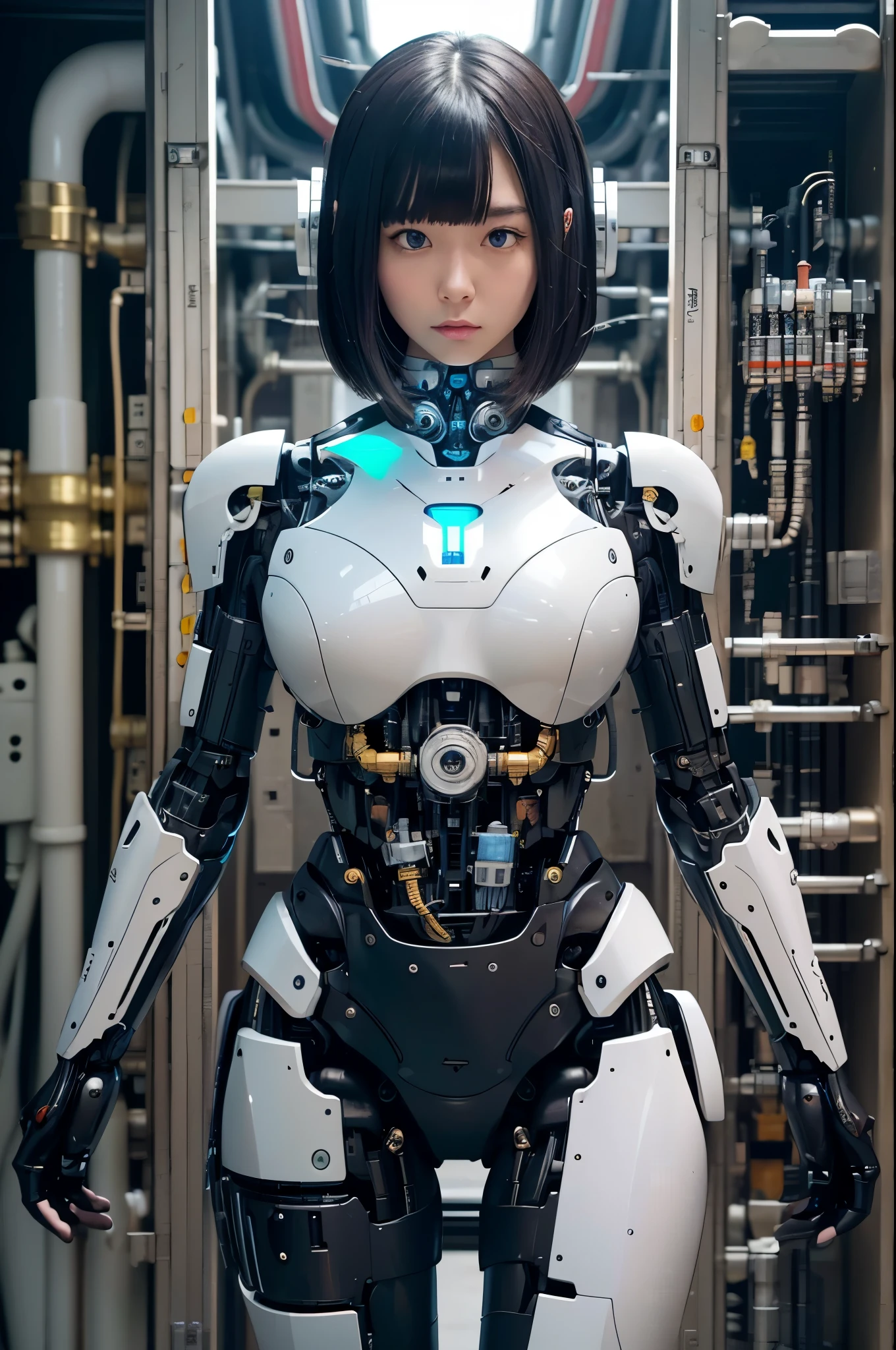 masterpiece, best quality, extremely detailed,8k portrait,Japaese android girl,Plump , control panels,android,Droid,Mechanical Hand, Robot arms and legs, Black hair,Blunt bangs,perfect robot girl,long tube,thick cable connected her neck,android,robot,humanoid,cyborg,japanese cyborg girl ,robot-assembly plant,She has assembled now,assembly scene,white robot body,blue eyes, 