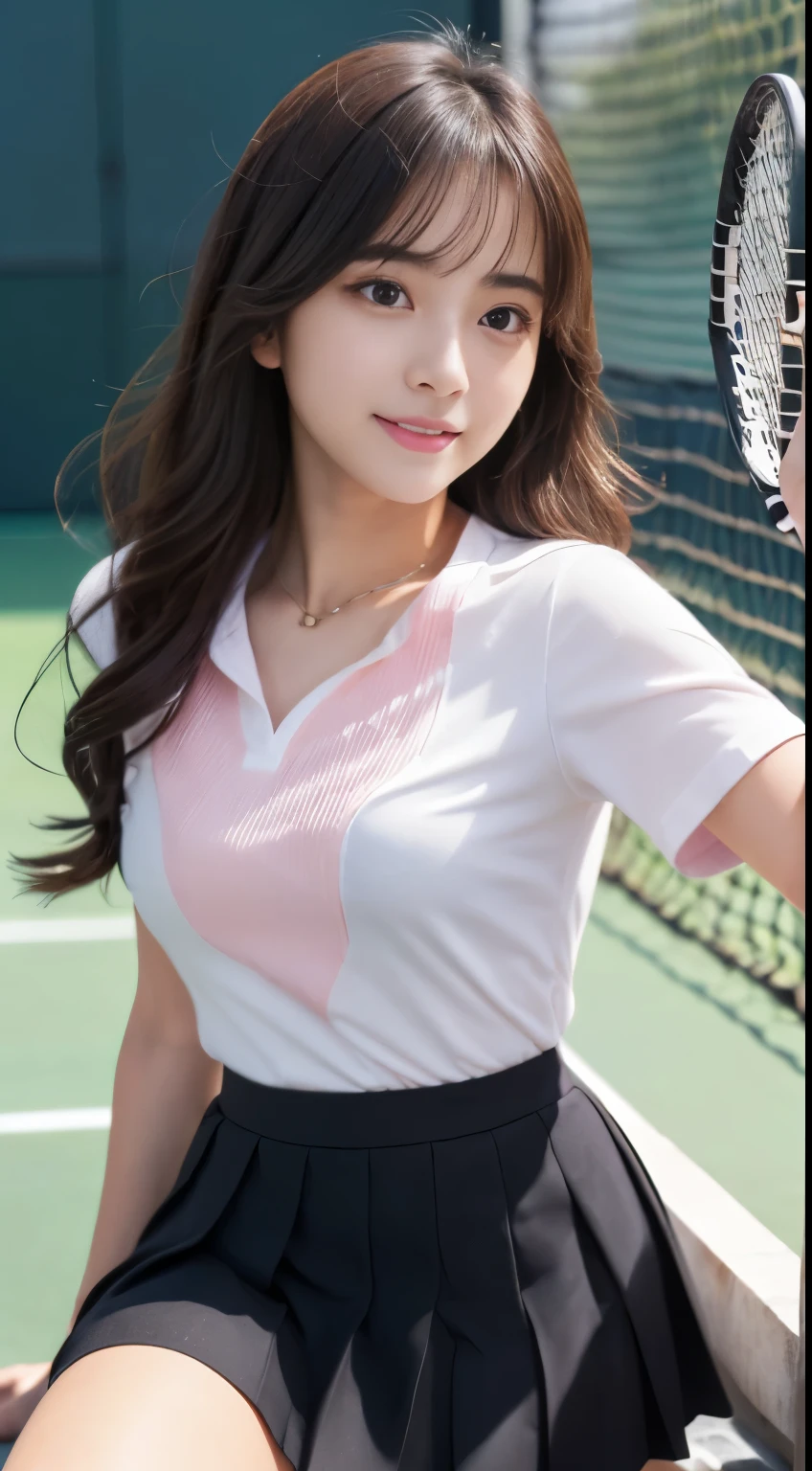 Best-quality, Masterpiece, Ultra-High-Resolution, (Photorealistic:1.4), Raw-Photo, 1girl, the
most famous Japanese idol, leaning forward, from above, (wearing white tennis-shirt and light-pink tennis-pleated-skirt), (extremely cute face like the most popular Japanese idol, extremely childish face, ((extremely beautiful big-black-eyes)), extremely beautiful hair, extremely beautiful skins, extremely beautiful long-eyelashes, extremely beautiful lips, extremely beautiful short-body, innocent-smile, detailed tennis-shirt, detailed tennis-pleated-skirt, ((detailed downblouse))