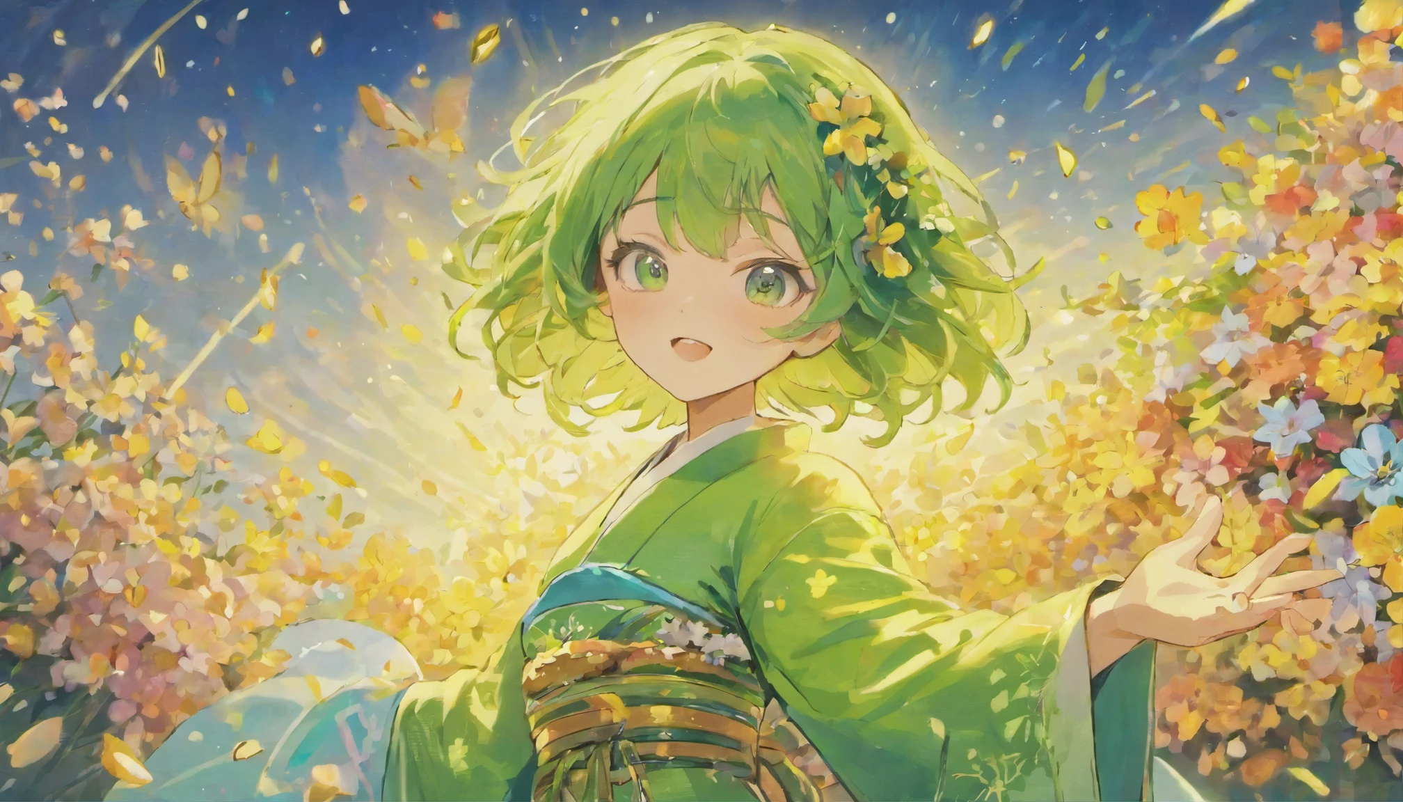 cute girl　Sparkling delicate green eyes　green bob hair　Big Eyes　kimono　under the blue sky　dazzling light　simple　petals dance　The wind is blowing　holding a small bouquet of flowers　smile　fluffy　wide view