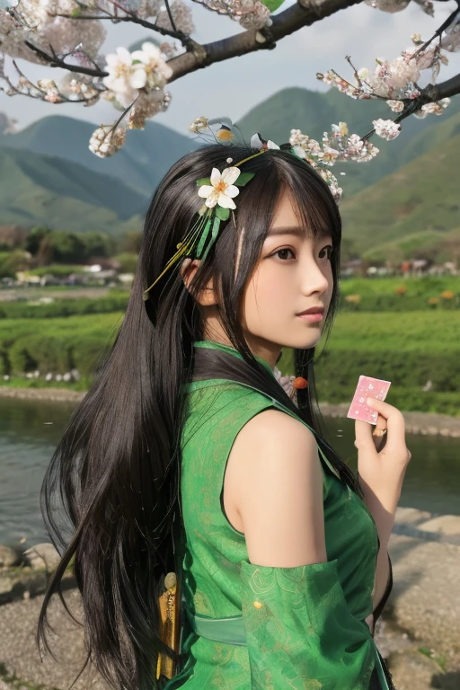 Guan Yinping, Birds are nearby,fly,happy, black发, brown eyes, hair accessories, hair flower, Green roof, looking at the audience, forest, Half body, holding card, black, eternal, 上Half body，Cherry blossoms,river,cloud,Sky,The wind blows,mountains,Fall