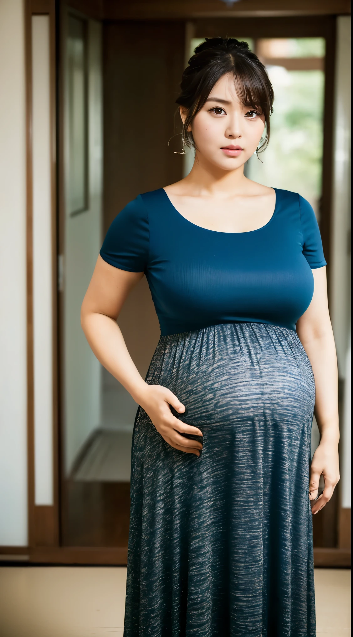 (Masterpiece,High Quality:1.3),(depth of field:1.3) ,((front body:1.35)), Japanese ,middle-aged woman,chignon,short-sleeved Maxi Dress,(huge breasts:1.5) , chubby, (huge pregnant),(looking at viewer:1.3),(full body:1.2)