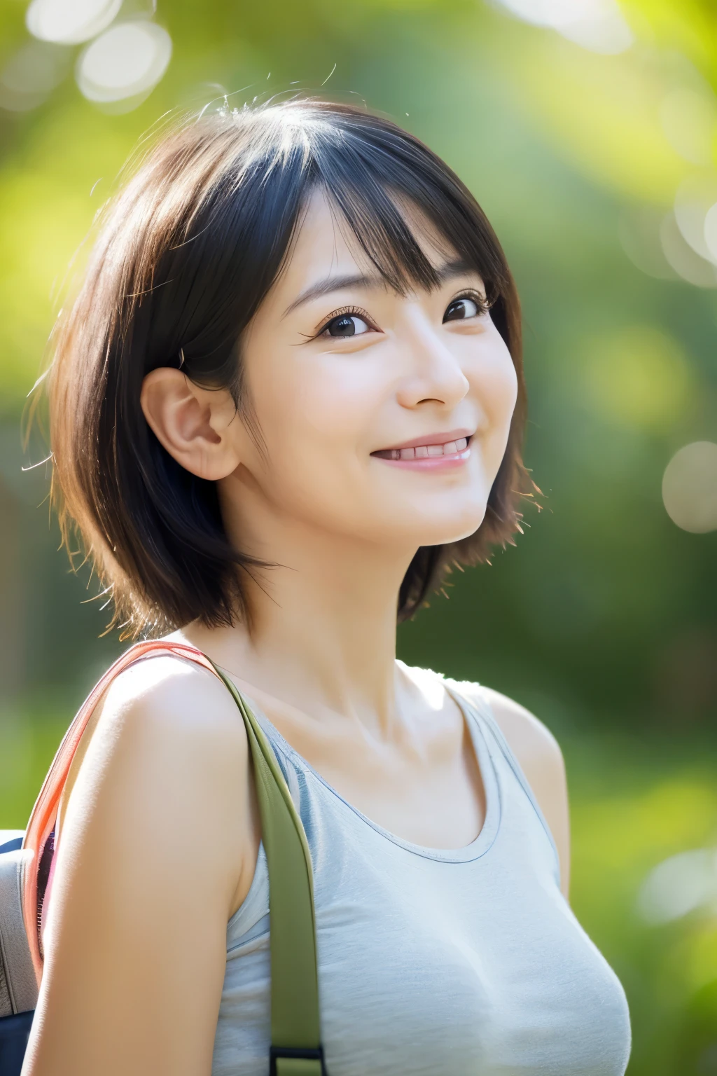 thin japanese woman, 43 years old, (realistic), (hyper realism), (photorealistic), (8K resolution), Depth of the bounds written, (full body:1.2), super detailed face, fine eyes, cute face, smile, short hair, (small breasts:0.6), ((very thin waist)), rough clothes,  woman, round face, , Holding a camera, lightly dressed, lighting, upward glance