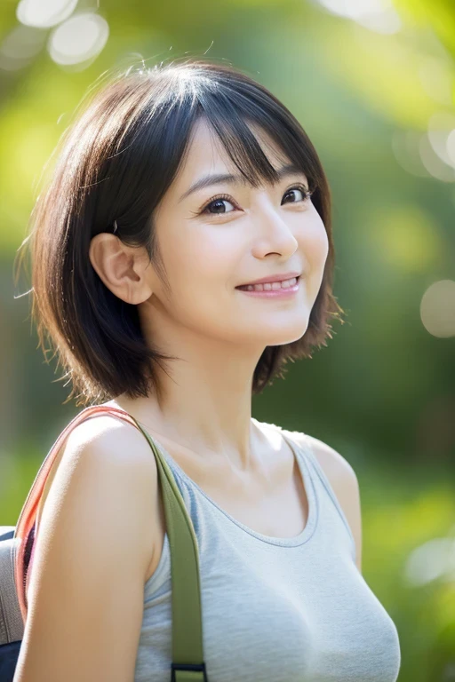 thin japanese woman, 43 years old, (realistic), (hyper realism), (photorealistic), (8K resolution), written boundary depth, (full body:1.2), super detailed face, fine eyes, cute face, smile, short hair, (small breasts:0.6), ((very thin waist)), rough clothes, woman, round face, baby face, have a camera, lightly dressed, lit, upper grade