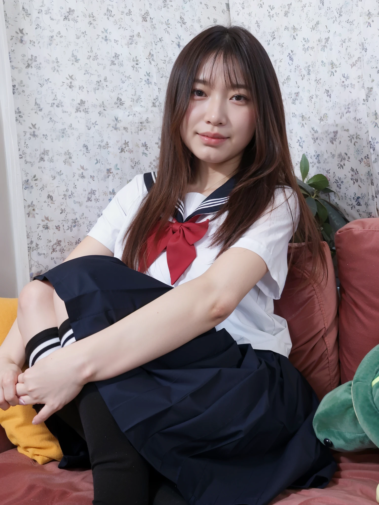 arafed asian girl sitting on a couch with a red and white shirt, chiho, narumi kakinouchi, shikamimi, harumi, taken with canon eos 5 d, taken with canon 5d mk4, close up iwakura lain, taken with canon 8 0 d, of a youthful japanese girl