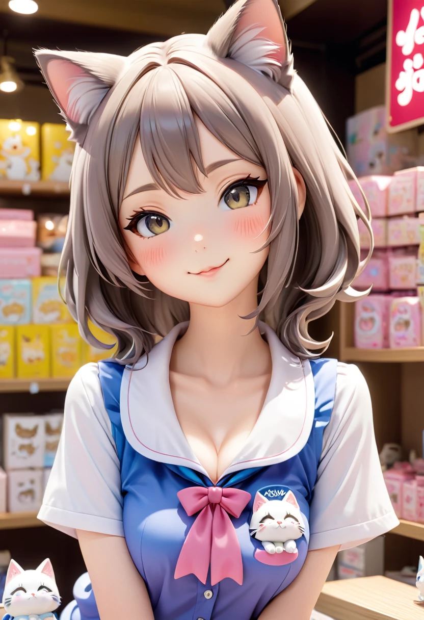 MOE YUME figurine shop assistant, cat girl, cute pose, wink, printed logo "MOE YUME" on shirt, 4K