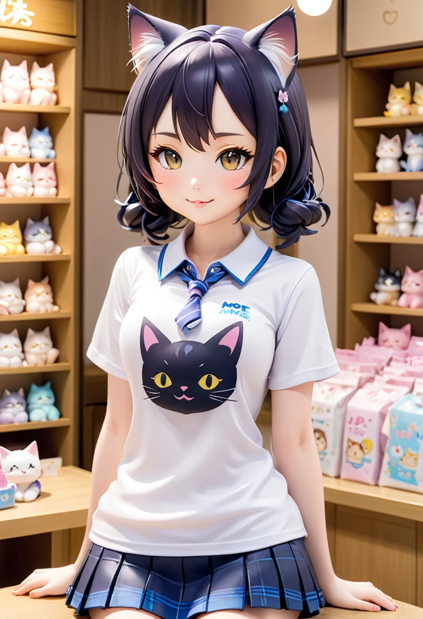 MOE YUME figurine shop assistant, cat girl, cute pose, wink, printed logo "MOE YUME" on shirt, 4K