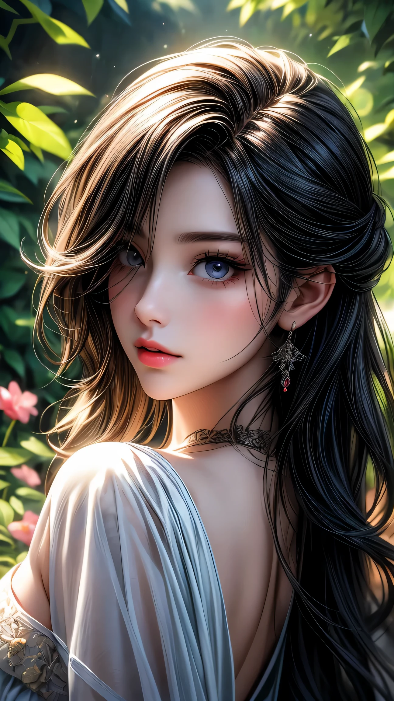 garden girl,fine and beautiful eyes,fine eyes、beautiful detailed lips,非常にfine eyesと顔,black eye、long eyelashes,shape,Super detailed,最high quality,4k,8K,High resolution,masterpiece:1.2,Ultra-fine painting,sharp focus,Professional,bright colors,portrait、sexy、masterpiece, 最high quality, high quality, High resolution、cinematic lighting、