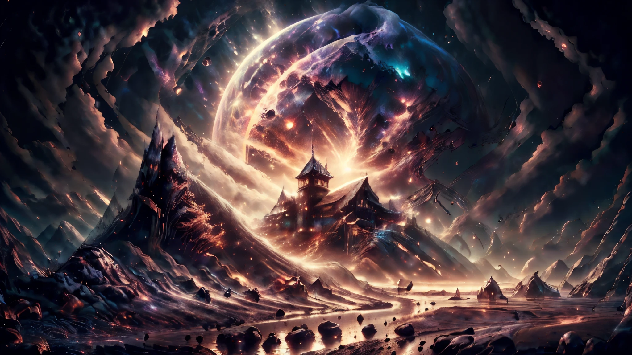 best quality, 8k, high resolution, masterpiece), ultra detailed, (realistic, photorealistic, photorealistic: 1.37), panoramic view, book cover, moonlit night, majestic stars, illustration, textured painting, soft lighting, tranquil atmosphere , vibrant colors, ethereal beauty, dreamlike atmosphere, elements of fantasy, wonder and mystery, captivating scenery, tranquil reflection, romantic setting, endless enchantment, magical glow, subtle shadows,