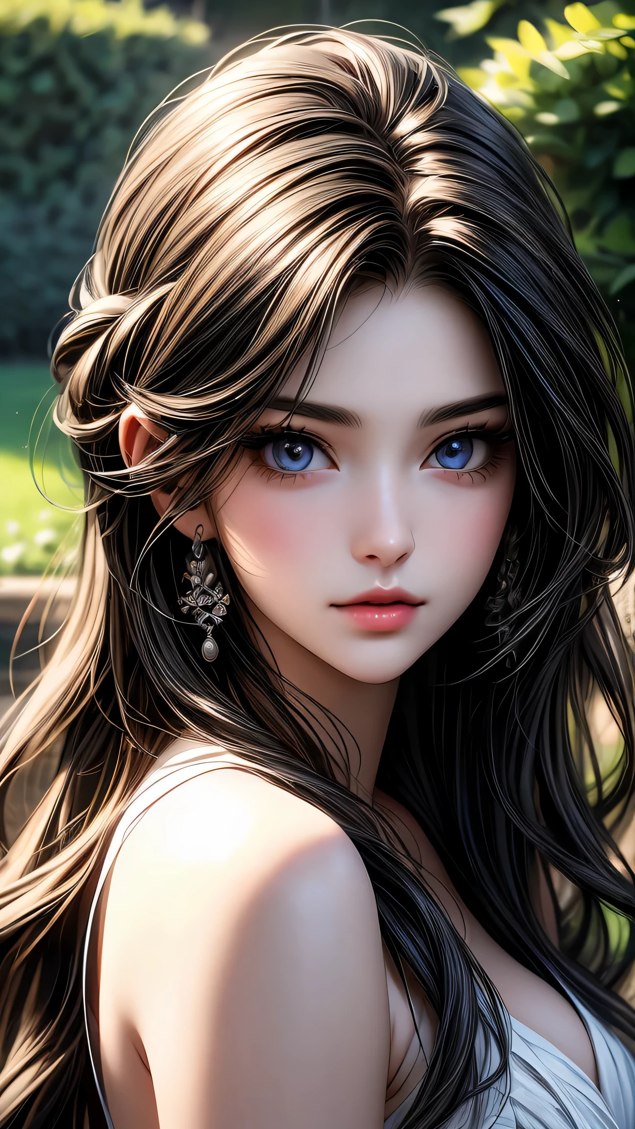 garden girl,fine and beautiful eyes,fine eyes、beautiful detailed lips,非常にfine eyesと顔,black eye、long eyelashes,shape,Super detailed,最high quality,4k,8K,High resolution,masterpiece:1.2,Ultra-fine painting,sharp focus,Professional,bright colors,portrait、sexy、masterpiece, 最high quality, high quality, High resolution、cinematic lighting、