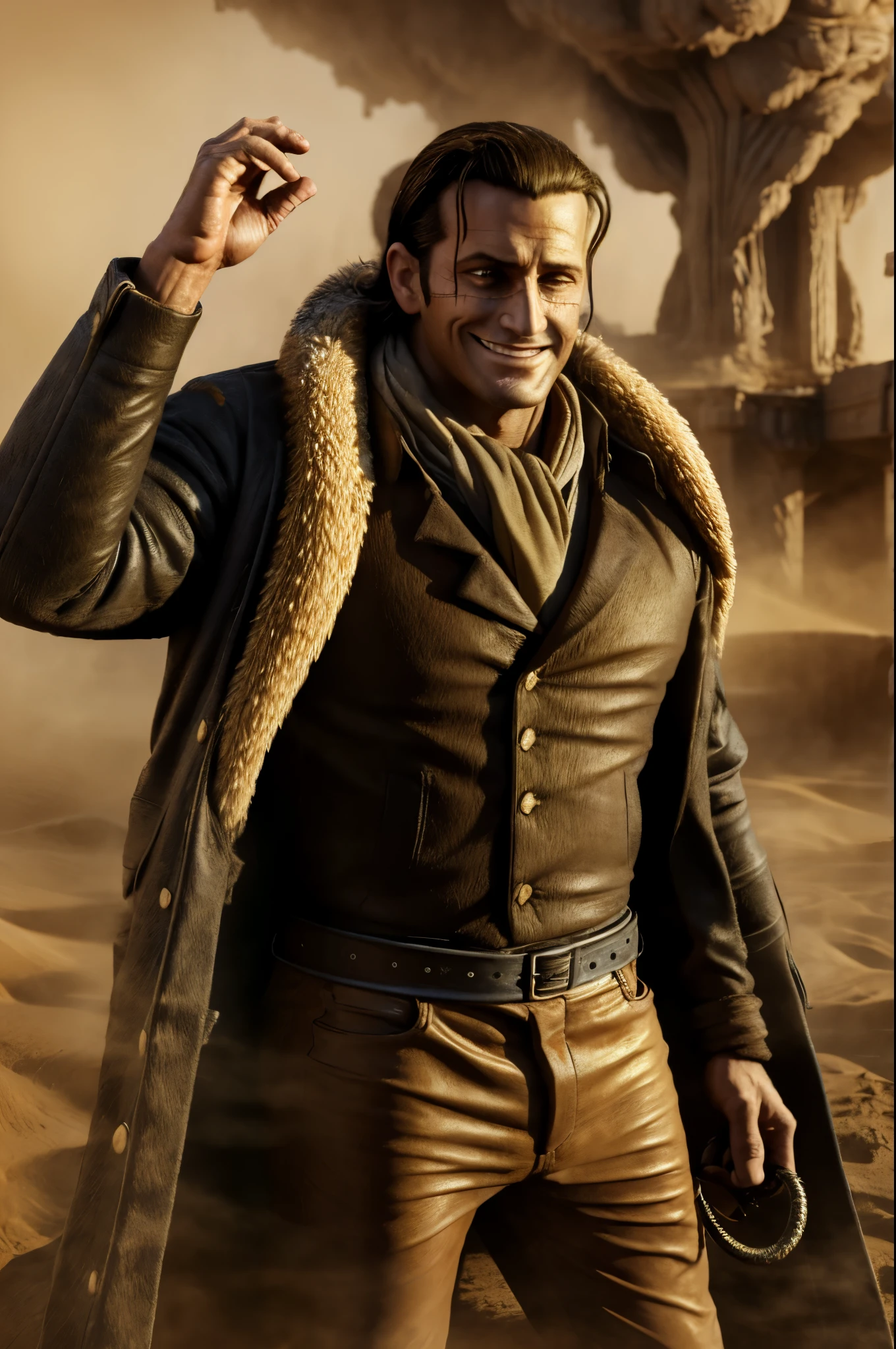 masterpiece, best quality, extremely detailed, hyperrealistic, photorealistic, a cool 40s man, ultra detailed face:1.2, fur-trimmed coat, scarf around the neck, his left hand is a golden pirate hook:1.1, in sandstorm, sly smile