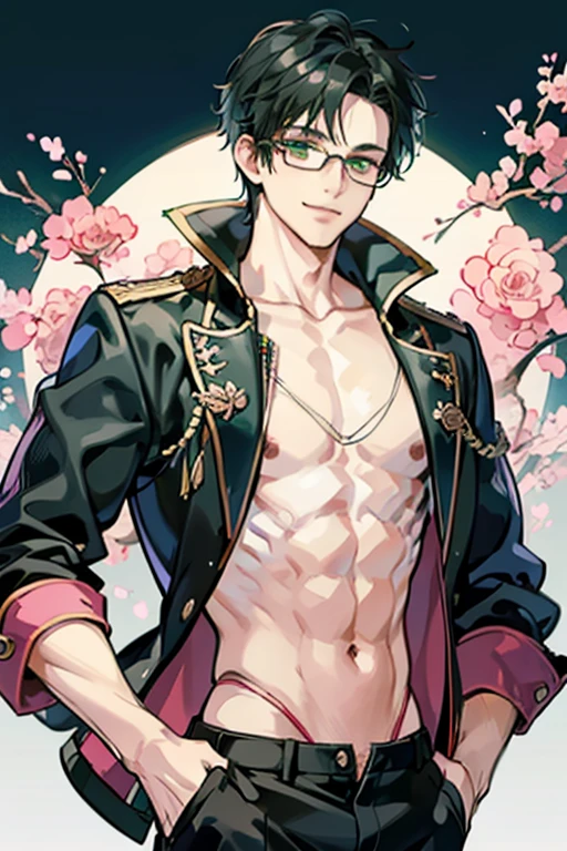 young male, male focus, jockstrap, black hair, pink glasses, shy smile, green eyes, white male, full body, no facial hair, no chest hair, skinny, anime style, twink