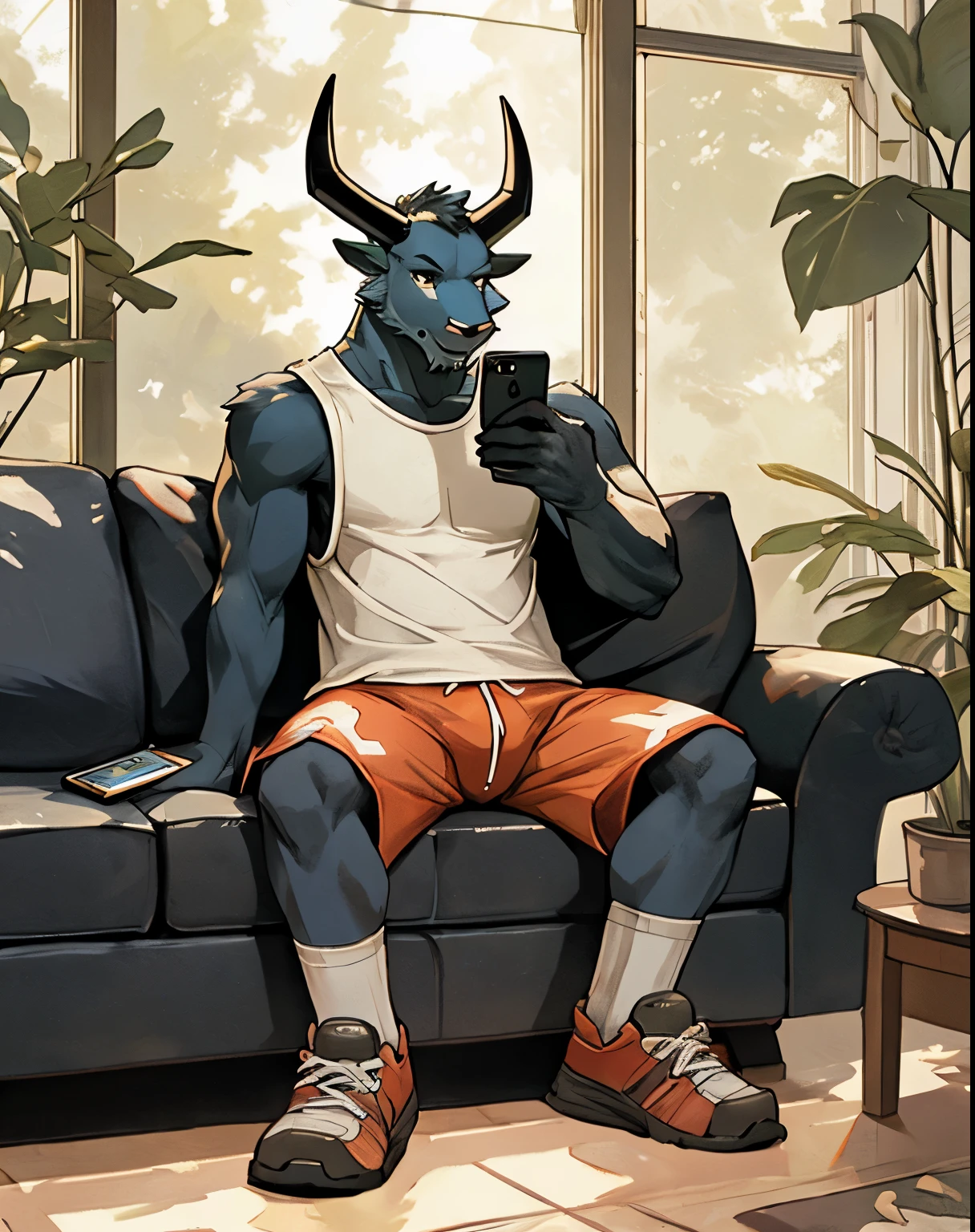 ox，furry，strong，shorts，Sitting on the sofa，Look at mobile phone，Ambiguous expression，masterpiece，best quality