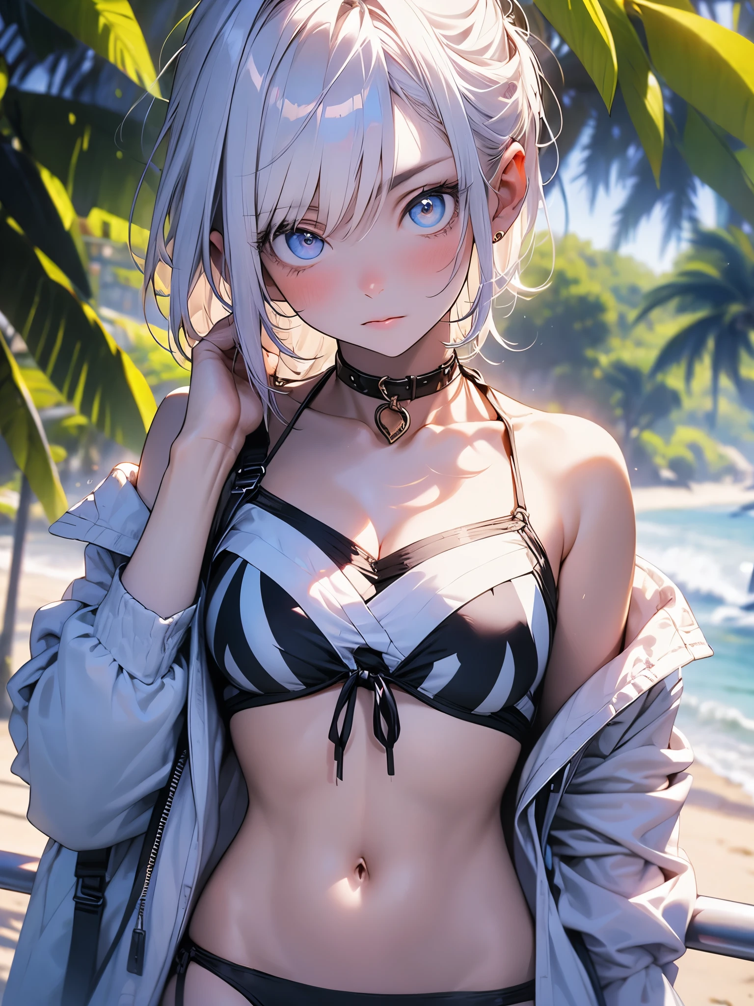 White off-the-shoulder bikini on the beach in Palau(Bikini without shoulder straps、No shoulder strap、show your shoulders)surreal japanese portrait,Works それ influenced Antonio Lopez'technology, Close zipper, Ron Mueck, Richard Estes, and Marilyn Minter、Purple and blue gradation eyes wrapped in the mystery of the universe,(string bikini:1.2)、perfect lighting, (perfect hands, perfect anatomy)、whole body(1:2)