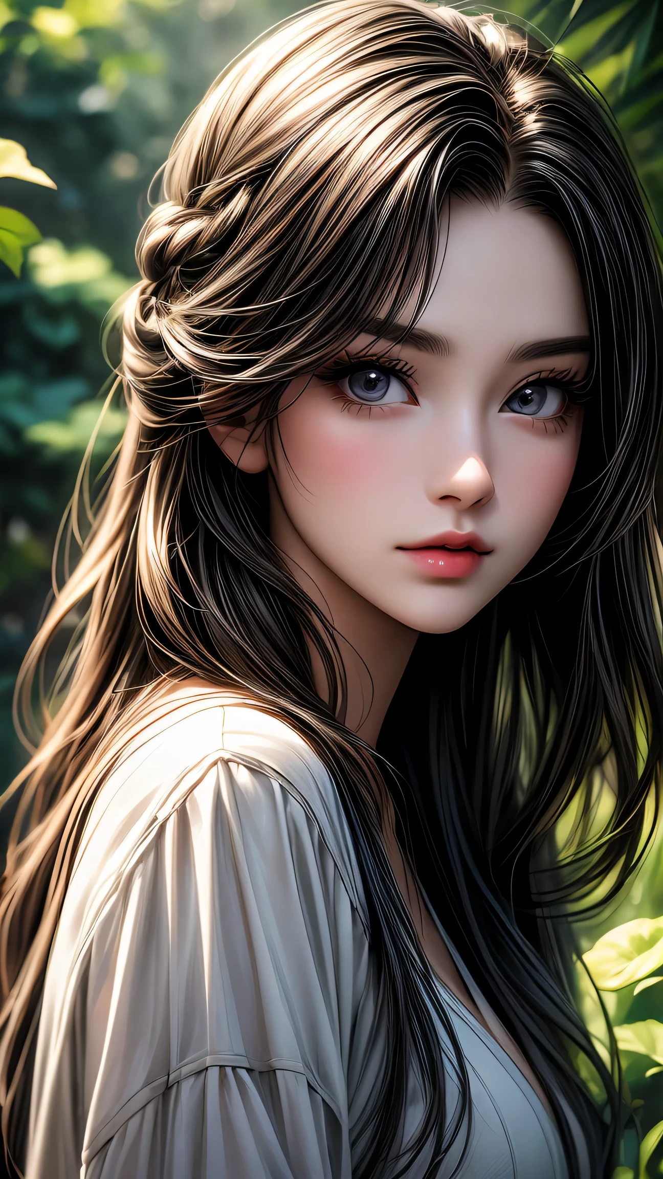 garden girl,fine and beautiful eyes,fine eyes、beautiful detailed lips,非常にfine eyesと顔,black eye、long eyelashes,shape,Super detailed,最high quality,4k,8K,High resolution,masterpiece:1.2,Ultra-fine painting,sharp focus,Professional,bright colors,portrait、sexy、masterpiece, 最high quality, high quality, High resolution、cinematic lighting、