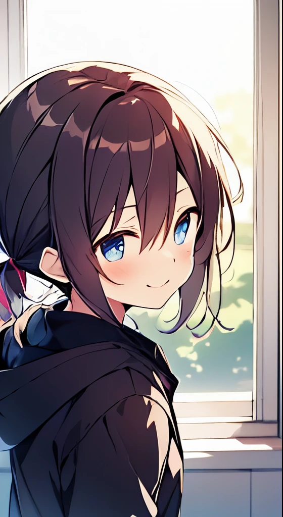 Anime girl with blue eyes and a white jacket looking out the window, female protagonist 👀 :8, Kantai Collection Style, anime moe art style, Cute girl anime visual, sayori, exciting expression, Looks a little happy, [[[[with an evil smile]]]], Makoto shinka, Makoto, she has a cute expressive face