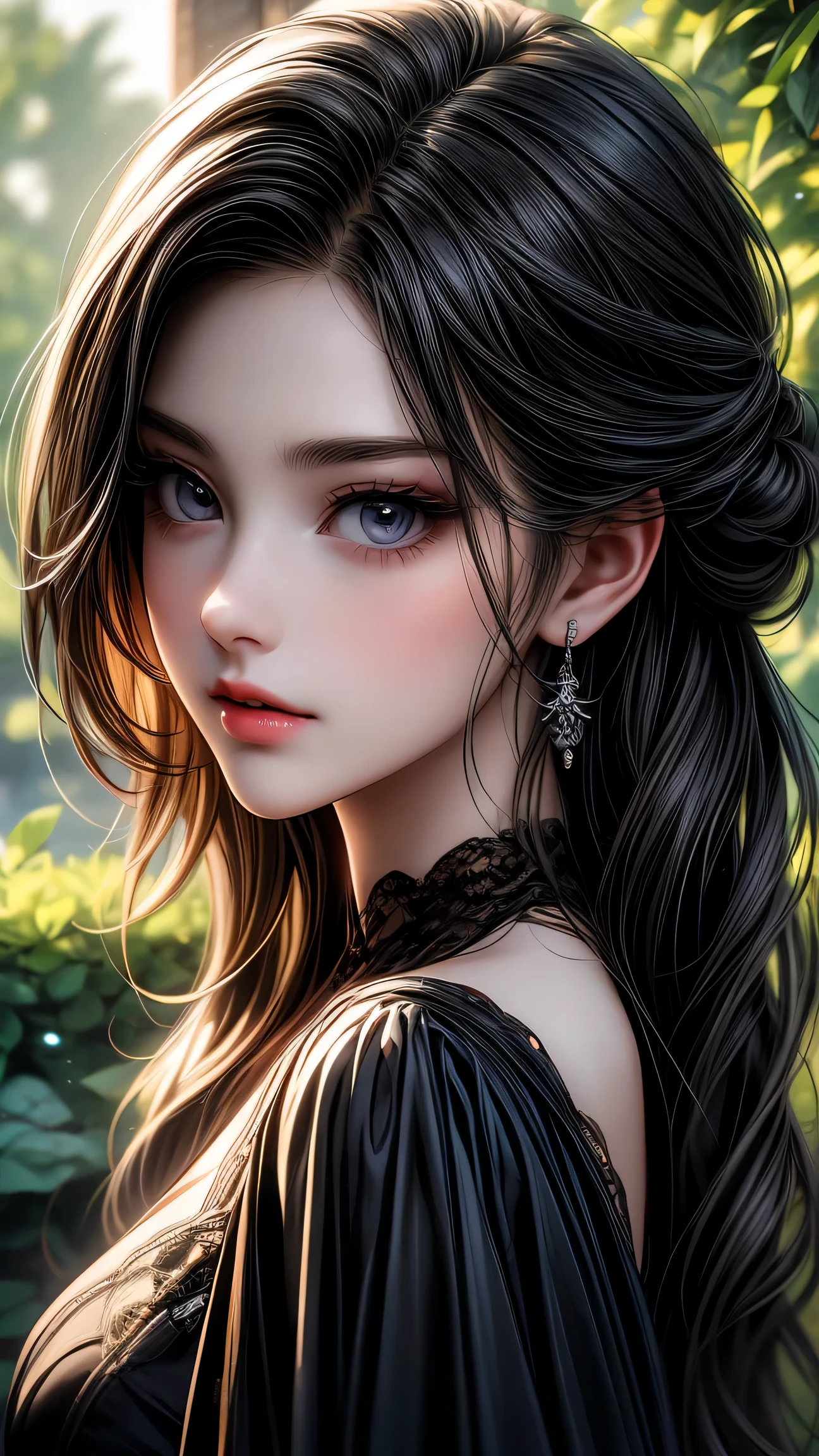 garden girl,fine and beautiful eyes,fine eyes、beautiful detailed lips,非常にfine eyesと顔,black eye、long eyelashes,shape,Super detailed,最high quality,4k,8K,High resolution,masterpiece:1.2,Ultra-fine painting,sharp focus,Professional,bright colors,portrait、sexy、masterpiece, 最high quality, high quality, High resolution、cinematic lighting、
