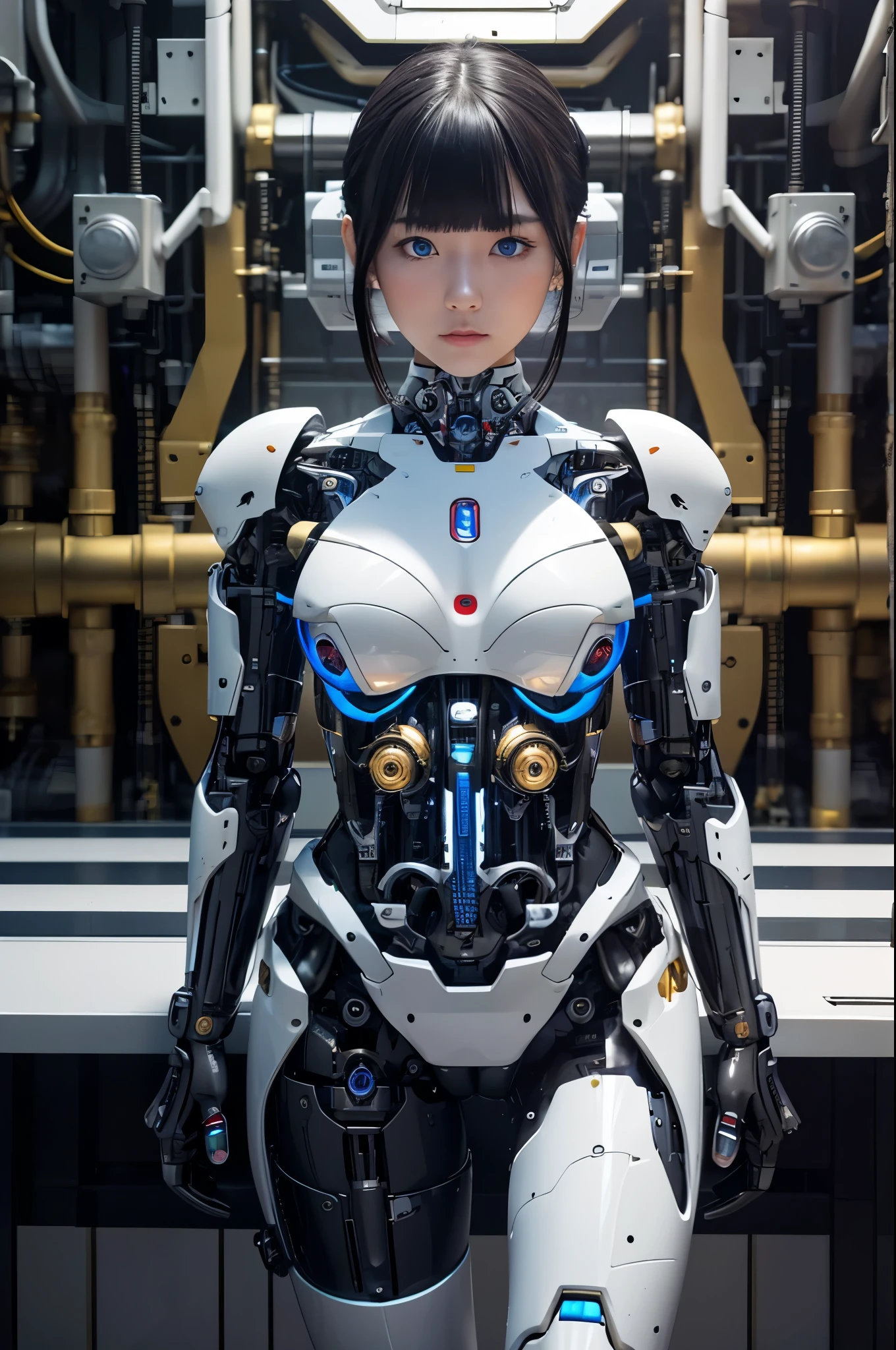 masterpiece, best quality, extremely detailed,8k portrait,Japaese android girl,Plump , control panels,android,Droid,Mechanical Hand, Robot arms and legs, Black hair,Blunt bangs,perfect robot girl,long tube,thick cable connected her neck,android,robot,humanoid,cyborg,japanese cyborg girl ,robot-assembly plant,She has assembled now,assembly scene,white robot body,blue eyes,