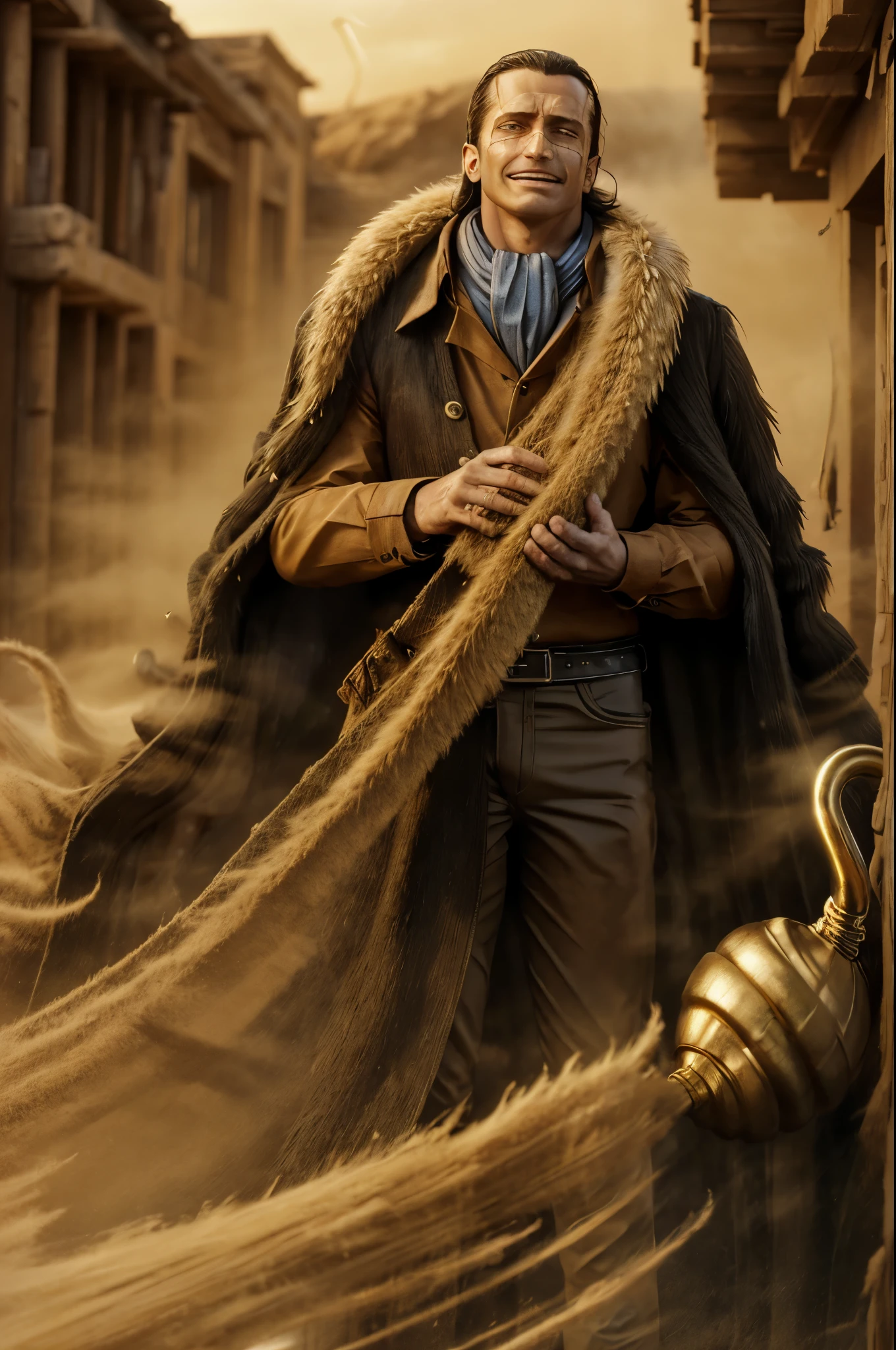 masterpiece, best quality, extremely detailed, hyperrealistic, photorealistic, a cool 40s man, ultra detailed face:1.2, fur-trimmed coat, scarf around the neck, his left hand is a golden pirate hook:1.1, in sandstorm, sly smile