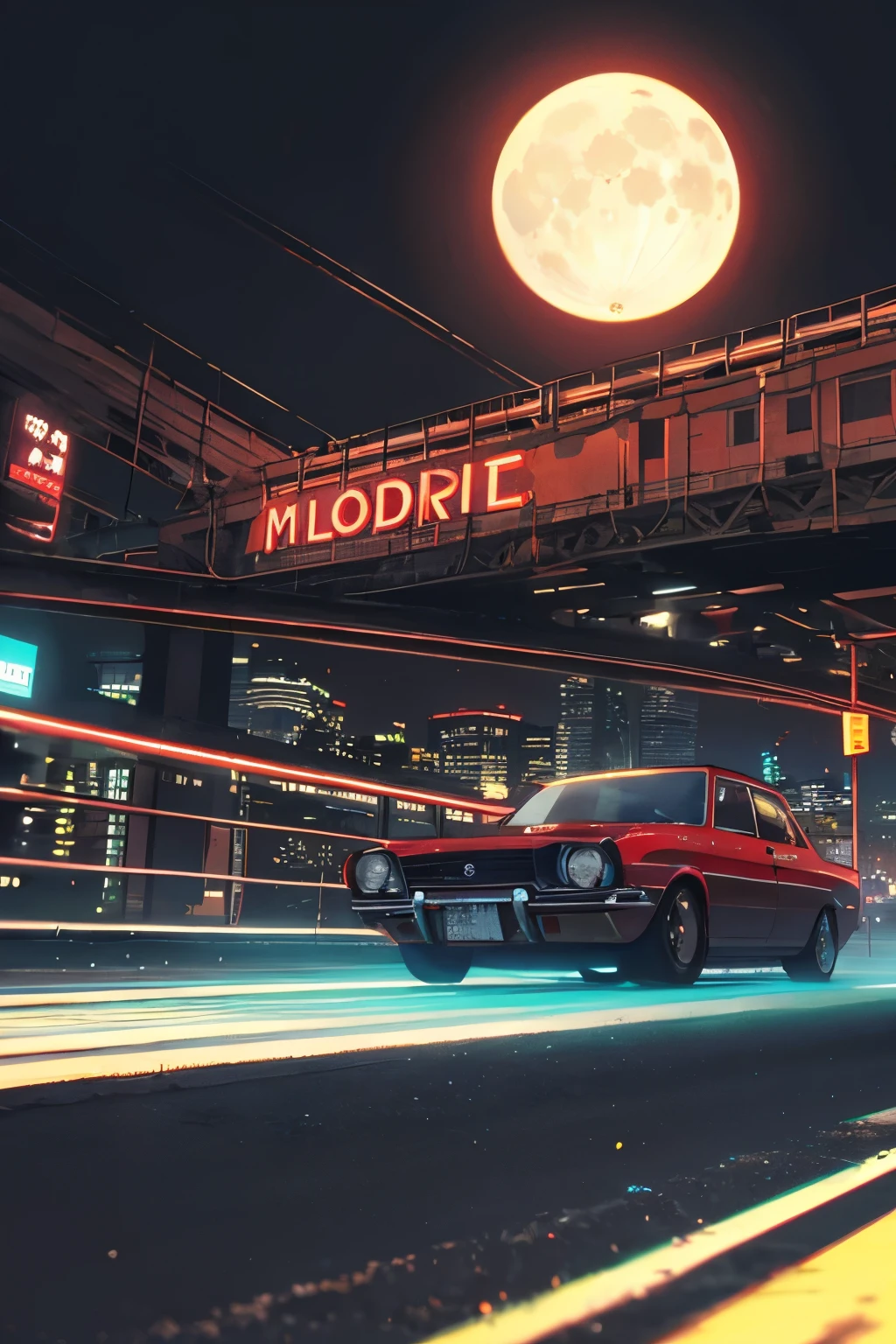 ((best quality)), ((masterpiece)), (detailed), retrowave. City, 1969 Nissan S 30, wide body kit, Road, WHITE NEON MONITOR LIGHT, Moon, Mountain, (Masterpiece, Detailed, A high resolution),DRAG BODY KIT