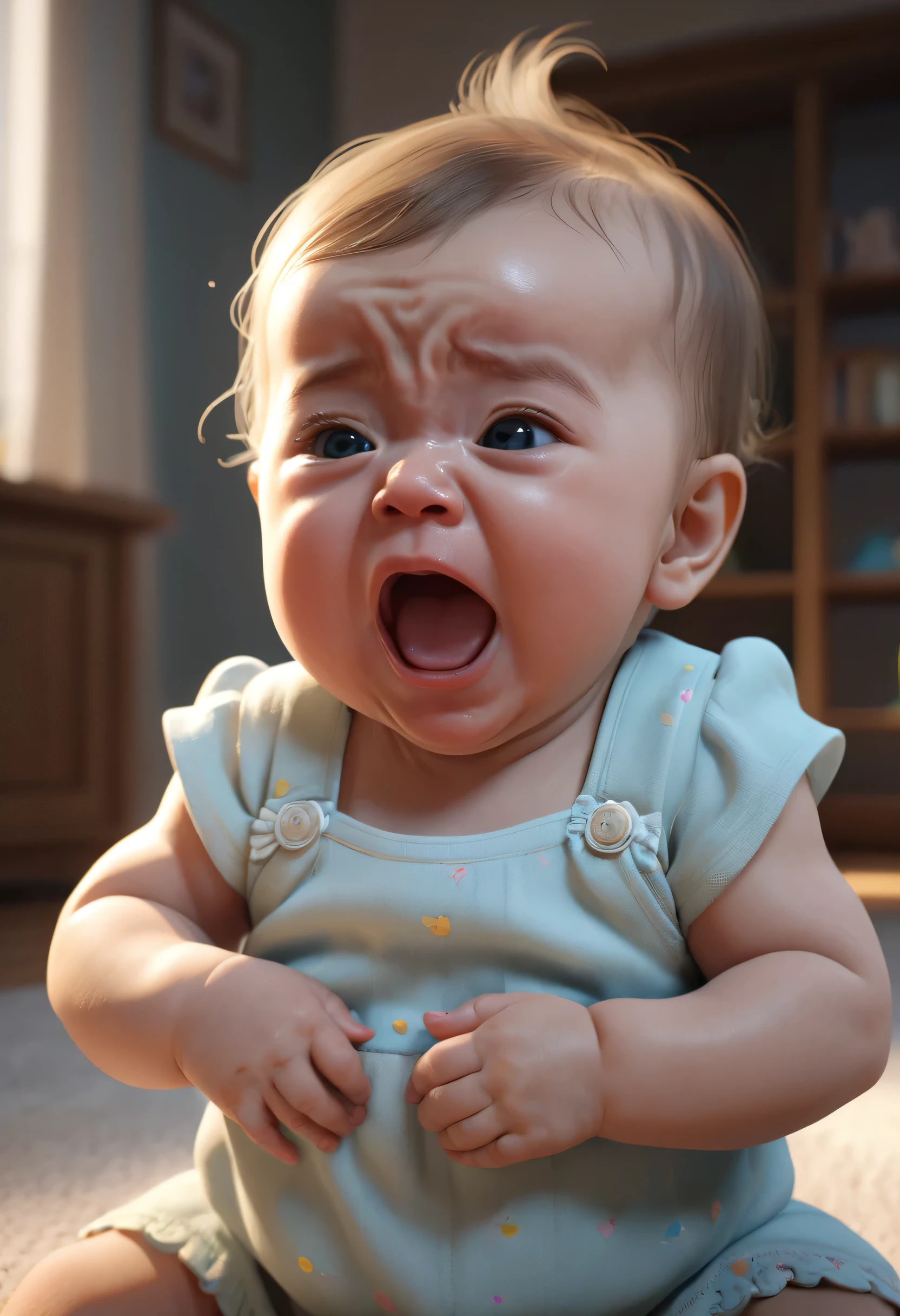 Crying ,tears,open your mouth,screaming,cute,farewell,being held by the babysitter,sad,I was scared,dislike,Gentle color,masterpiece,最高masterpiece,8K,rendering,unreal engine,Photoreal